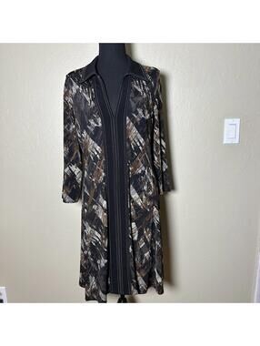 Connected Petite Abstract Print Shirt Dress Stretch Knit Minimalist Brown Black